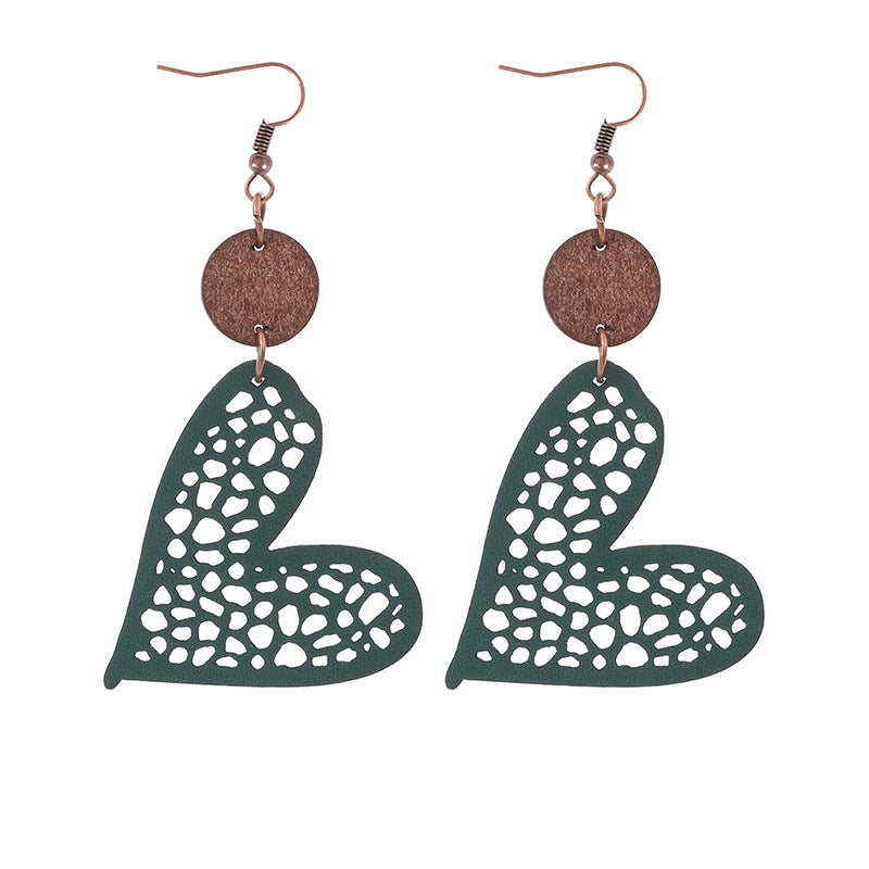 Wholesale Valentine's Day Love Wood Chip Hollow Mesh Leather Earrings
