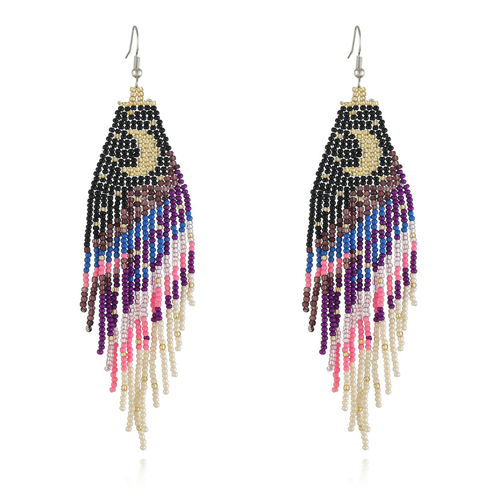 Wholesale Handmade Rice Bead Moon Tassel Earrings