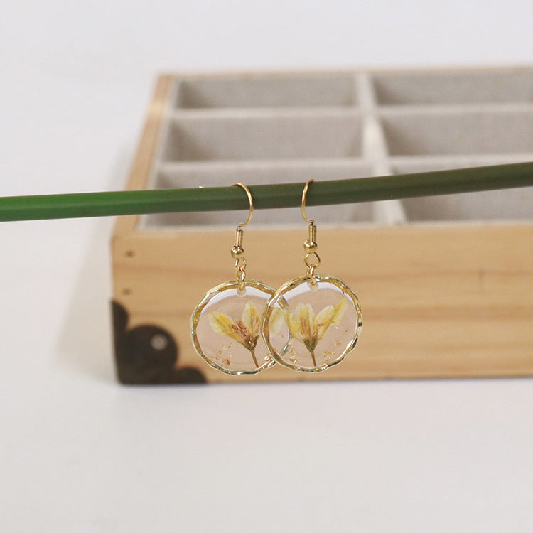 Wholesale new 6pcs/pack resin dried flower irregular round gold earrings creative real flower fashion earrings