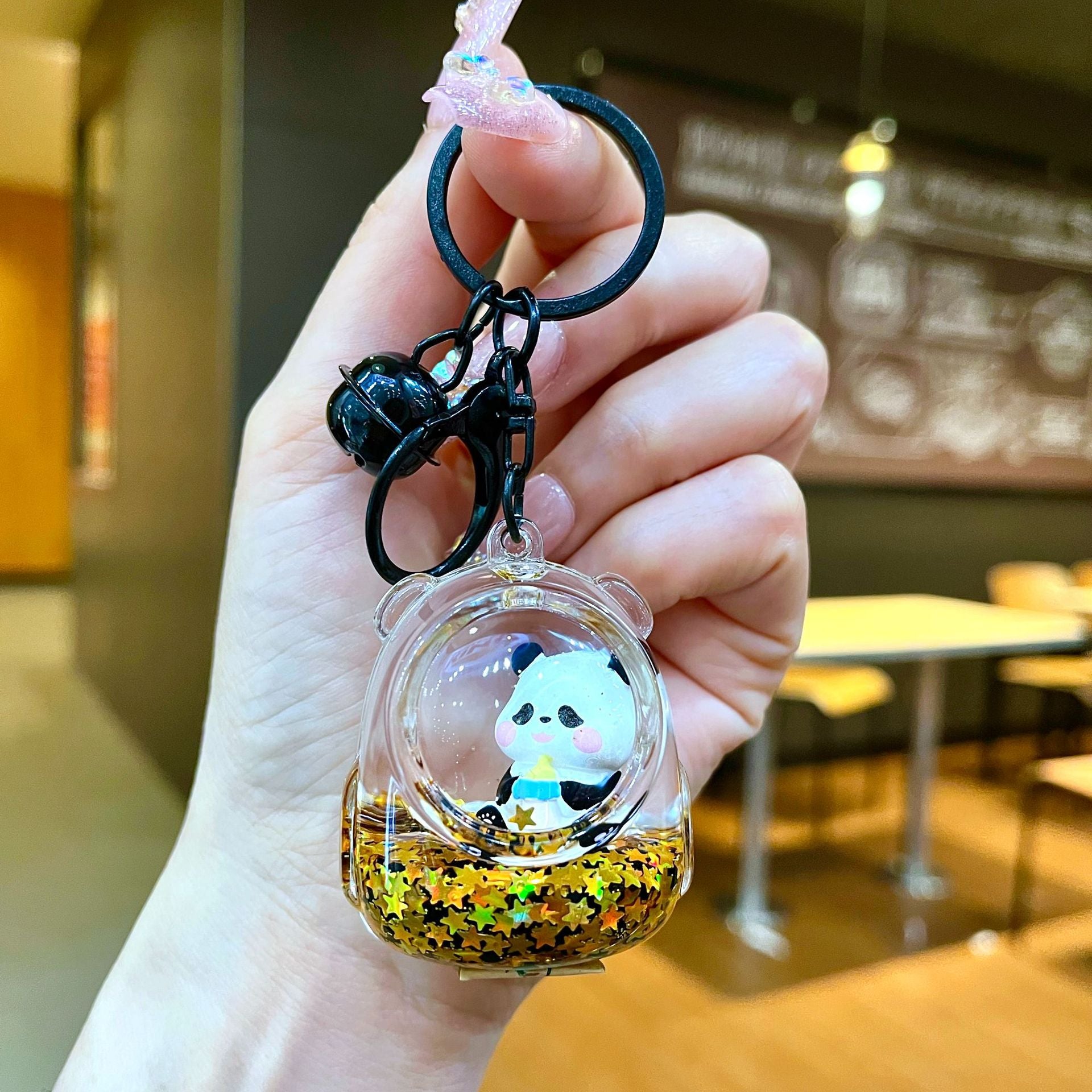 Wholesale Black gold floating cartoon cute panda Liquid Keychains
