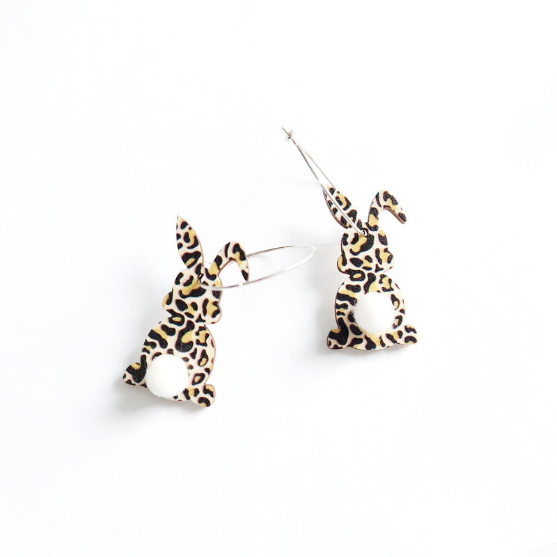Wholesale Easter cute print spring flowers leopard print egg fur ball tail rabbit earrings