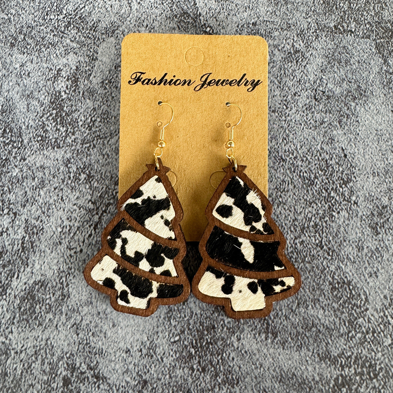 Wholesale Genuine Leather Christmas Tree Leopard Print Horse Hair Wood Inlay Cowhide Lightweight Western Earrings