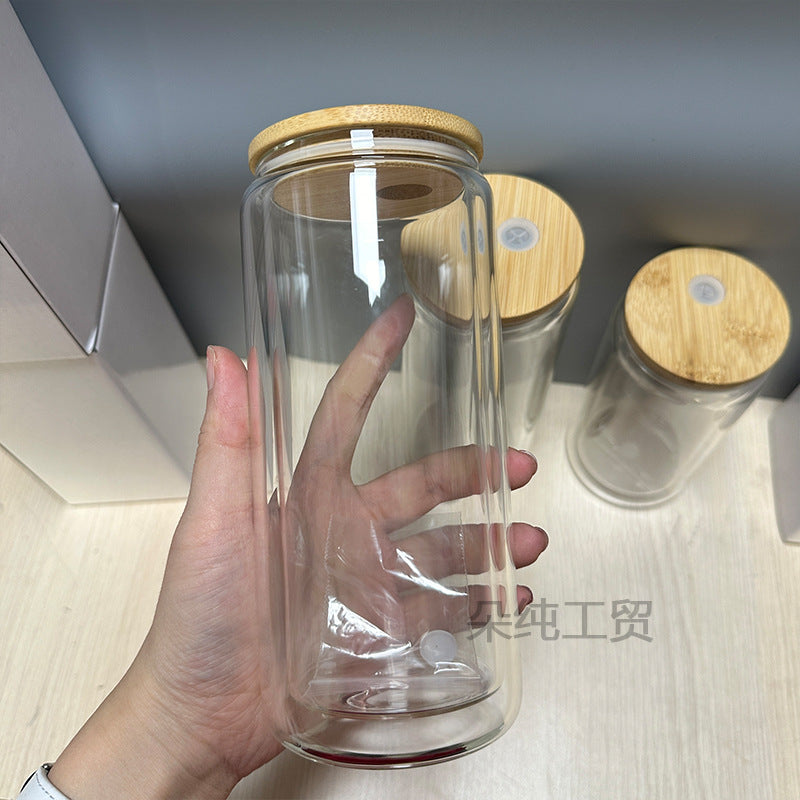Wholesale Sublimation Mason Glass 12oz/16oz Coke Cup Cans Frosted Straws Single and Double Glass Bamboo Cover Cup