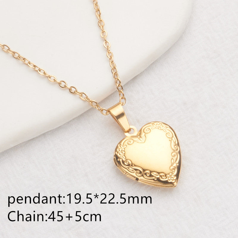Wholesale Stainless Steel Necklace Gold Heart Pattern Frame Box Pendant O-Chain