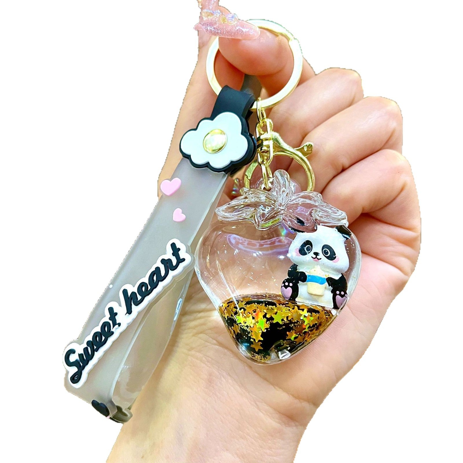 Wholesale Black gold floating cartoon cute panda Liquid Keychains