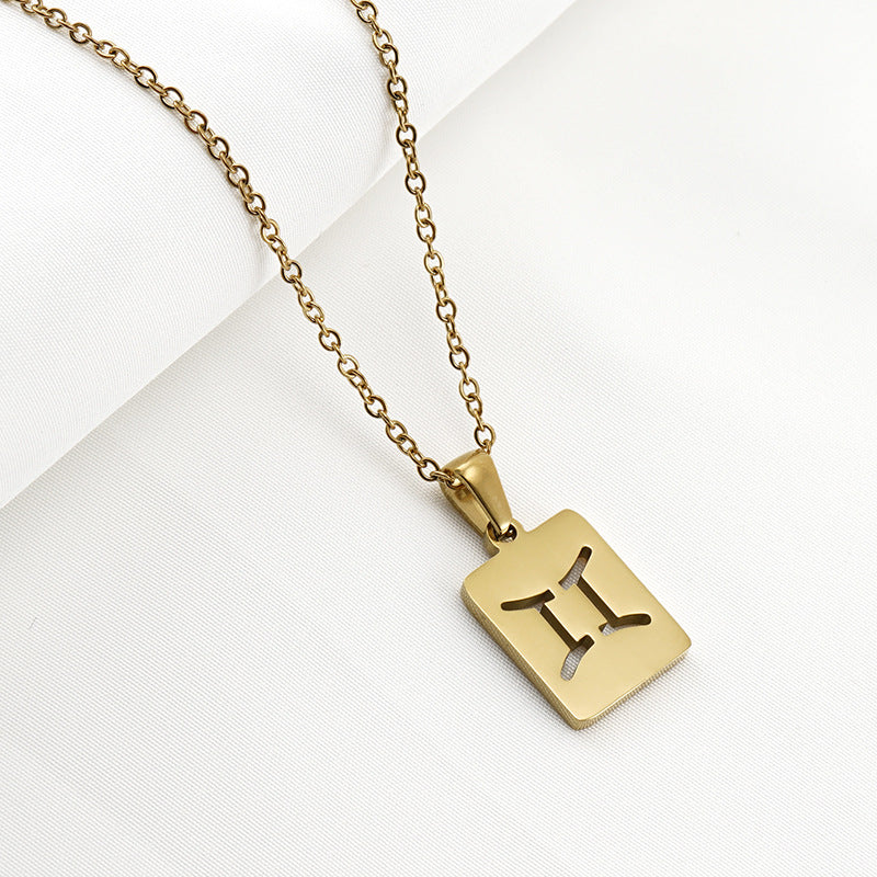 Wholesale Stainless Steel 18K Gold Square Hollow Twelve Constellation Pendants Necklaces