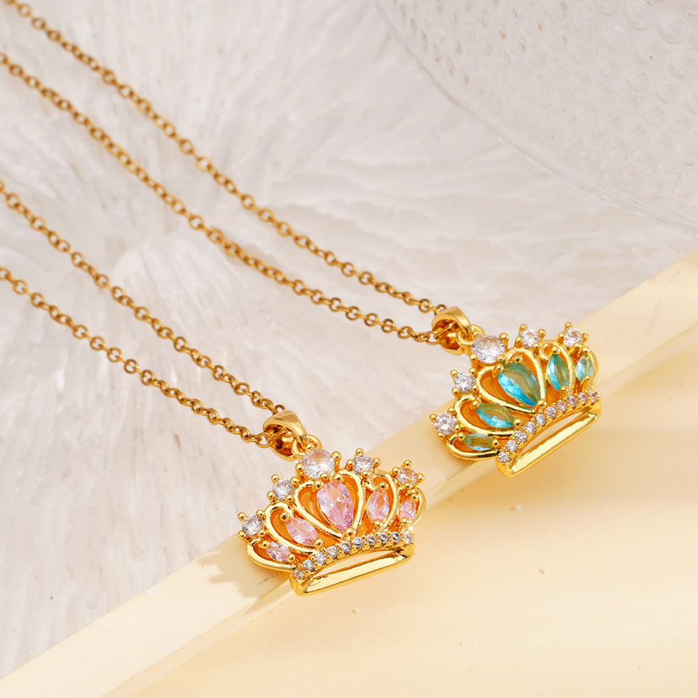 Wholesale Copper Inlaid Zircon Princess Crown Pendant Necklace Clavicle Chain