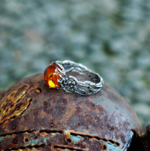 Wholesale Silver teardrop amber stone beeswax inlaid flower ring