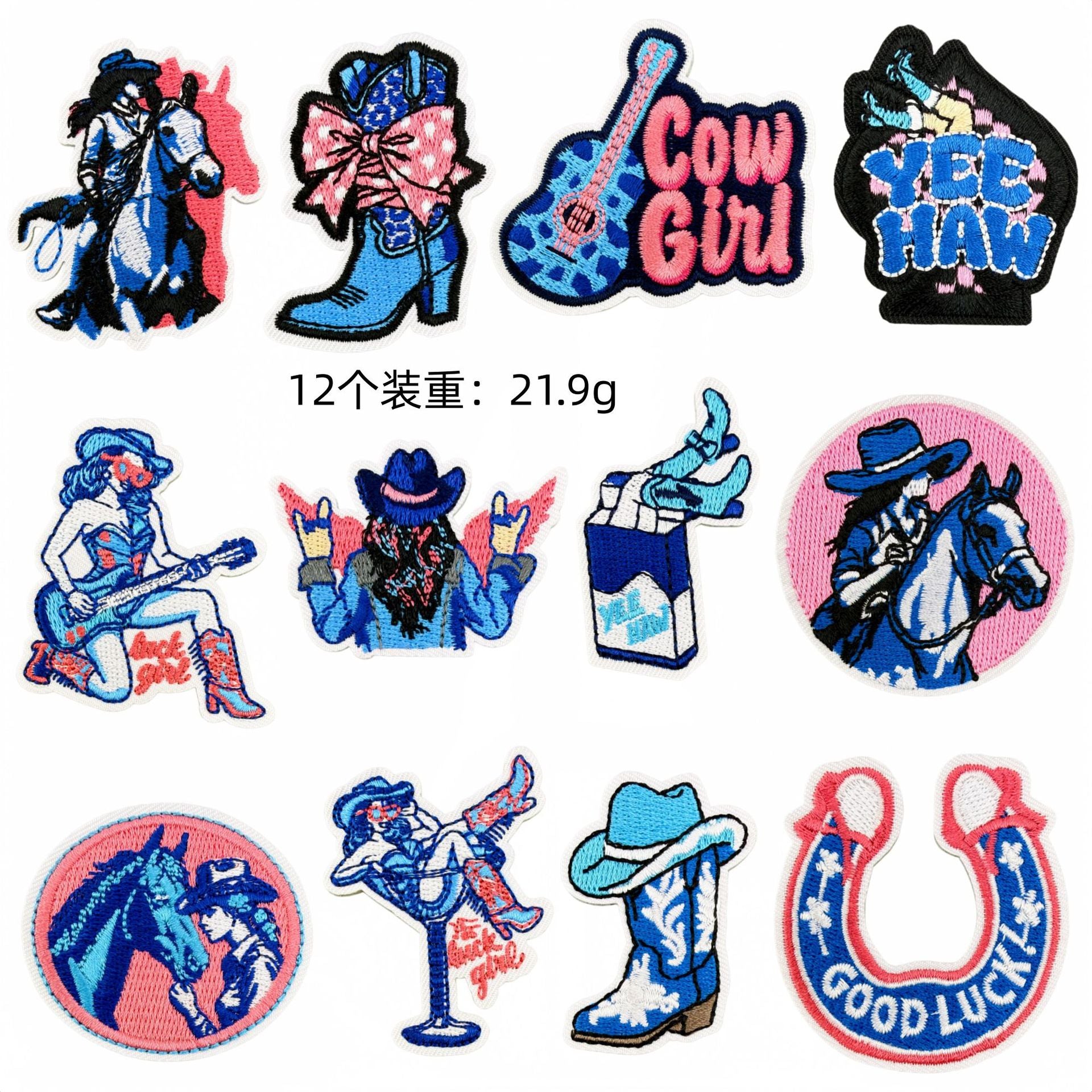 Wholesale Western Cowgirl Embroidered Patches 24 Piece Set Pink Blue Guitar Cow Skull Design DIY Craft Supply For Home Decor And Resale