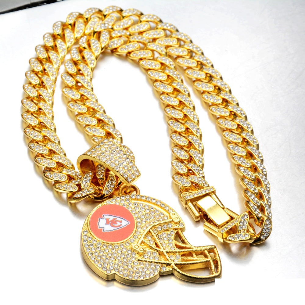 Wholesale Stylish Football Helmet Pendant Necklace Rhinestone Cuban Chain In Gold Zinc Alloy Fashion Jewelry Gift
