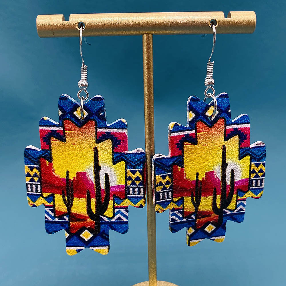 Pendientes colgantes de cactus de cuero de vaquero occidental al por mayor pendientes colgantes