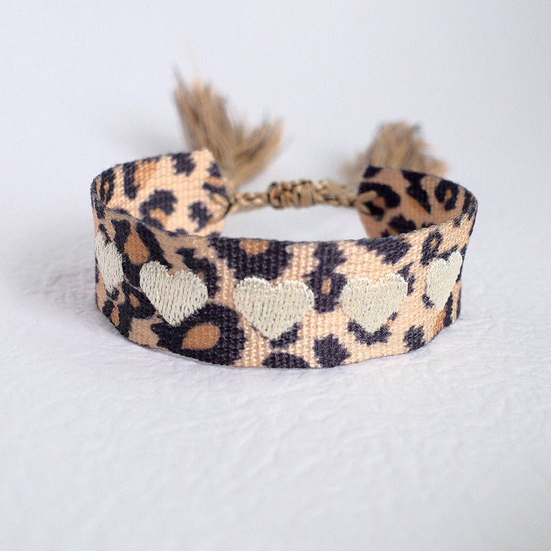 Wholesale Polyester Cord Weaving Leopard Print Love Letter Embroidery Tassel Bracelet