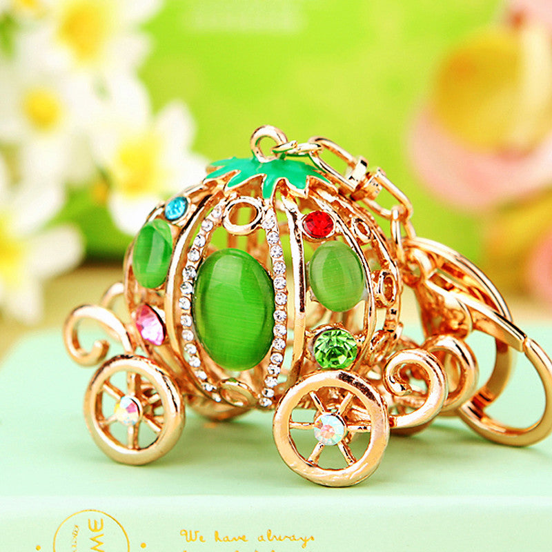 Wholesale Metal Rhinestone Pumpkin Carriage Keychain Bag Charm Pink Car Key Accessory Decorative Gift