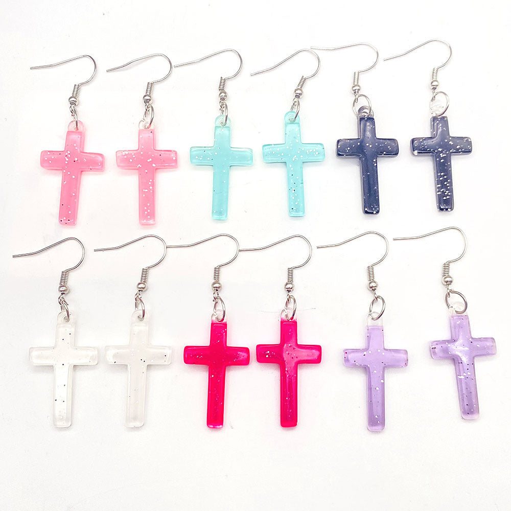 Wholesale Stylish Glitter Cross Resin Drop Earrings