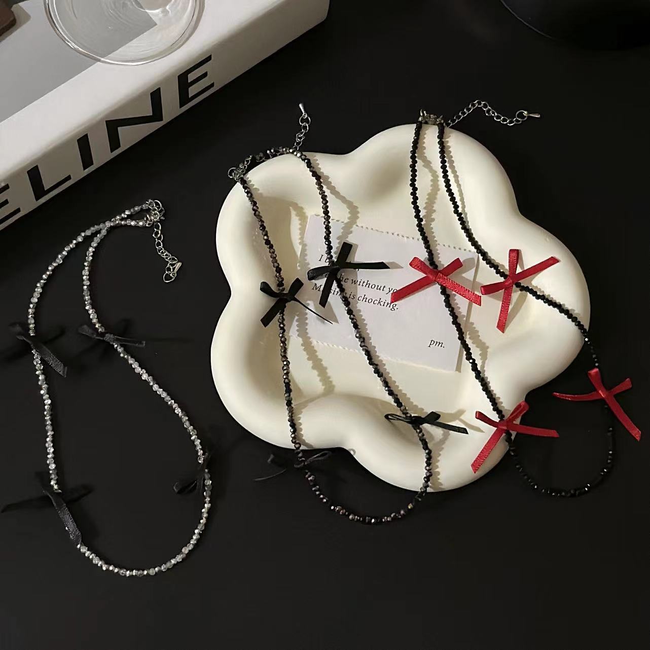 Wholesale exquisite crystal beaded necklace ribbon bow clavicle chain