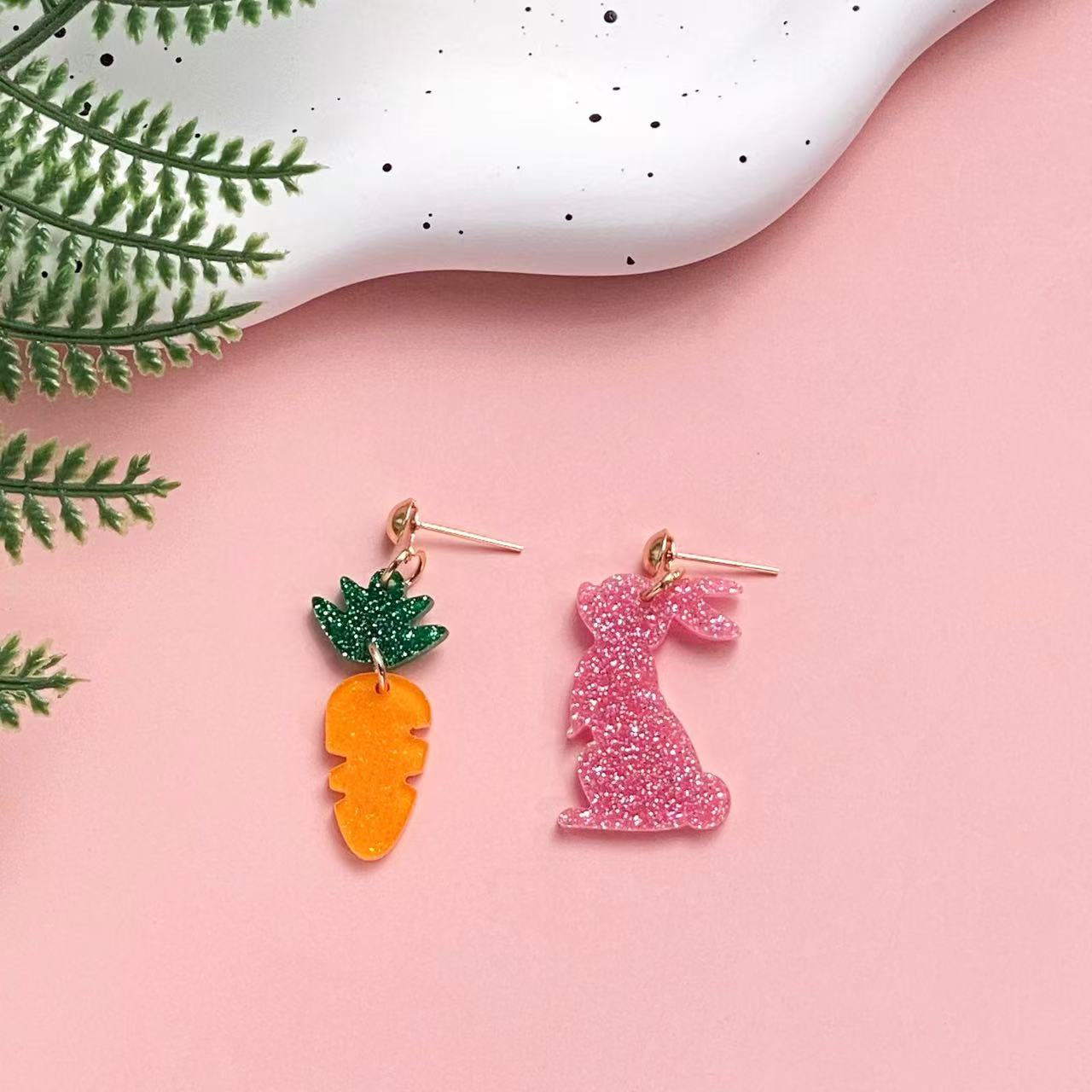 Wholesale Easter Asymmetric Rabbit Carrot Acrylic Earrings