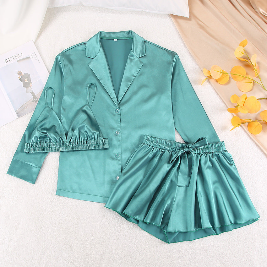 Wholesale Pajamas Three Piece Set Silk Long Sleeve Bathrobe Home Wear