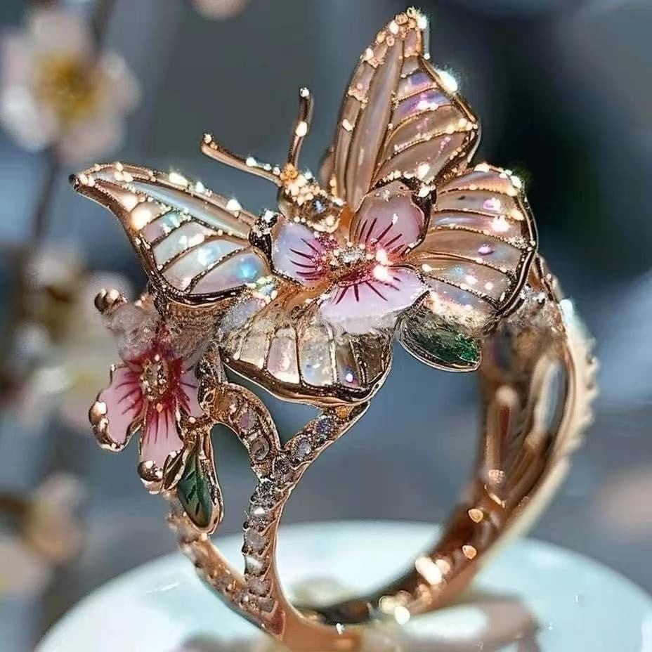 Wholesale Butterfly Flower  Open Oil Drop Alloy Ring