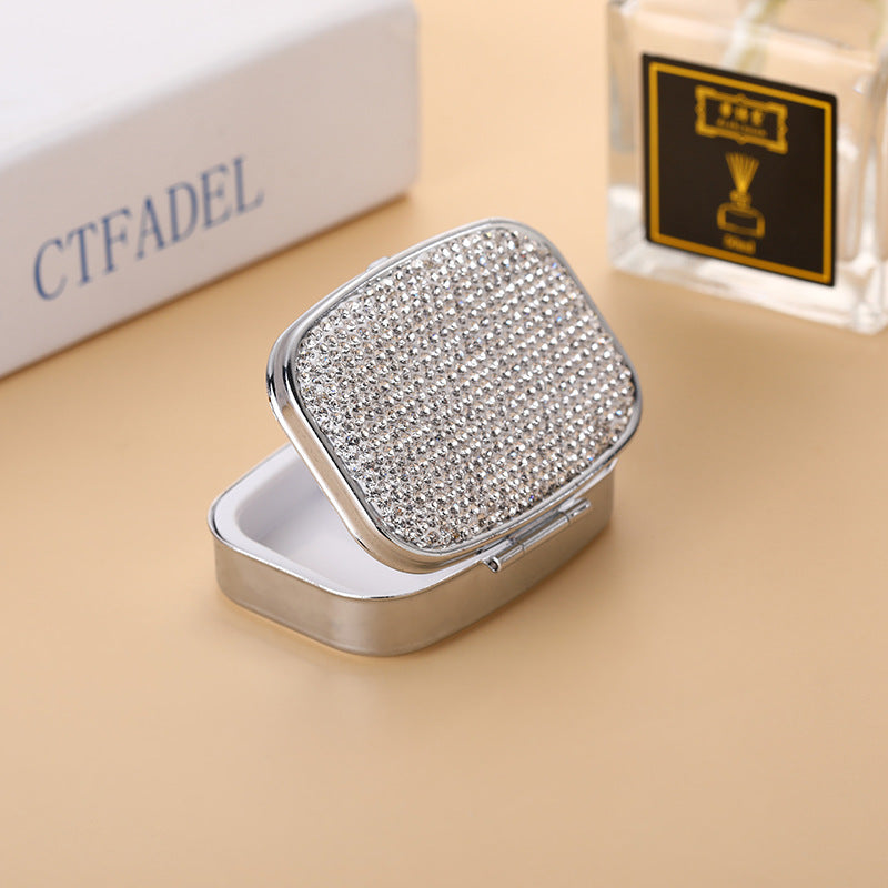 Wholesale Metal Diamond-encrusted Two-compartment Medicine Box, Portable with Mirror