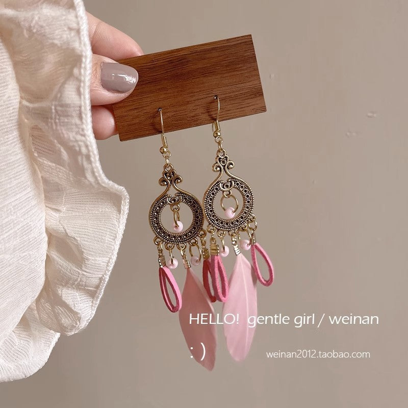 Wholesale Ethnic retro long multi-color holiday feather beaded circle earrings