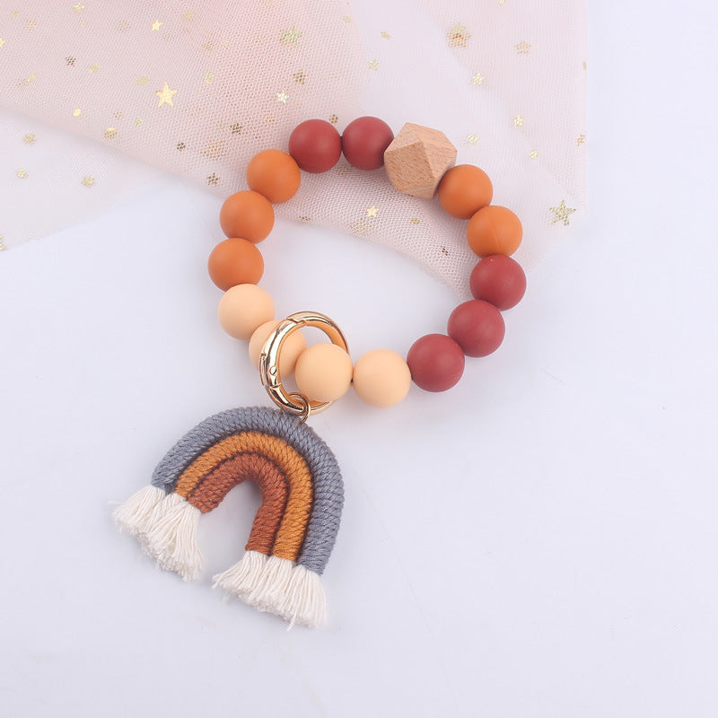 Wholesale Cartoon Colorful Rainbow Tassel Silicone Bead Wrist Keychain