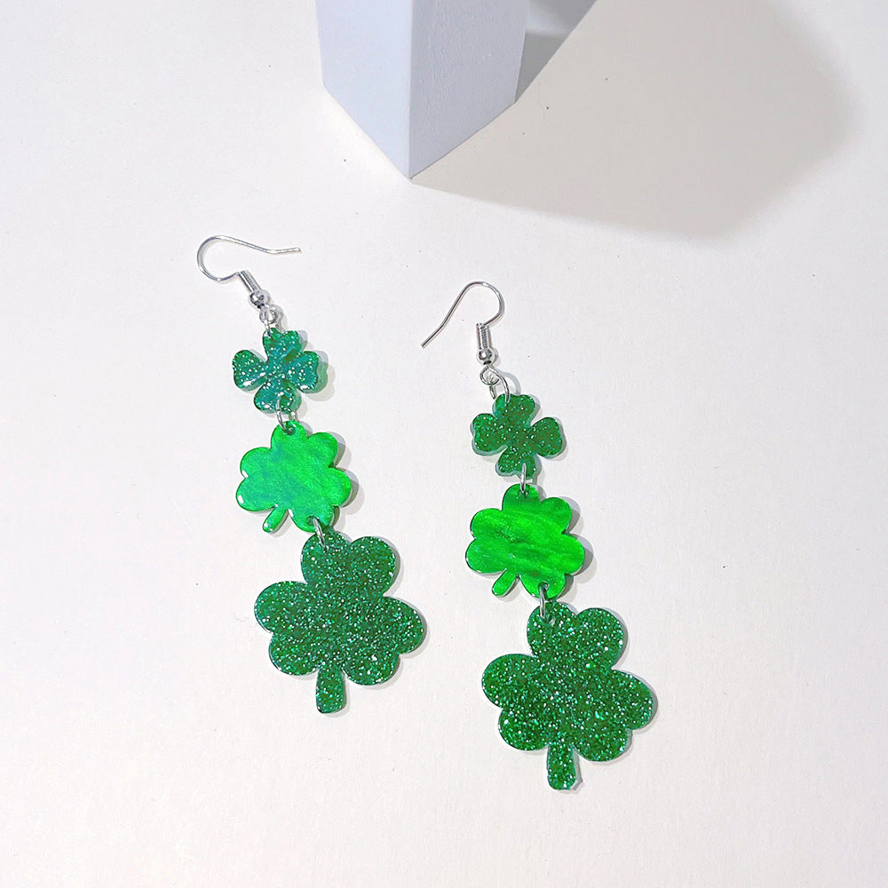 Wholesale St. Patrick's Day Irish Carnival Green Acrylic Glitter Clover Earrings