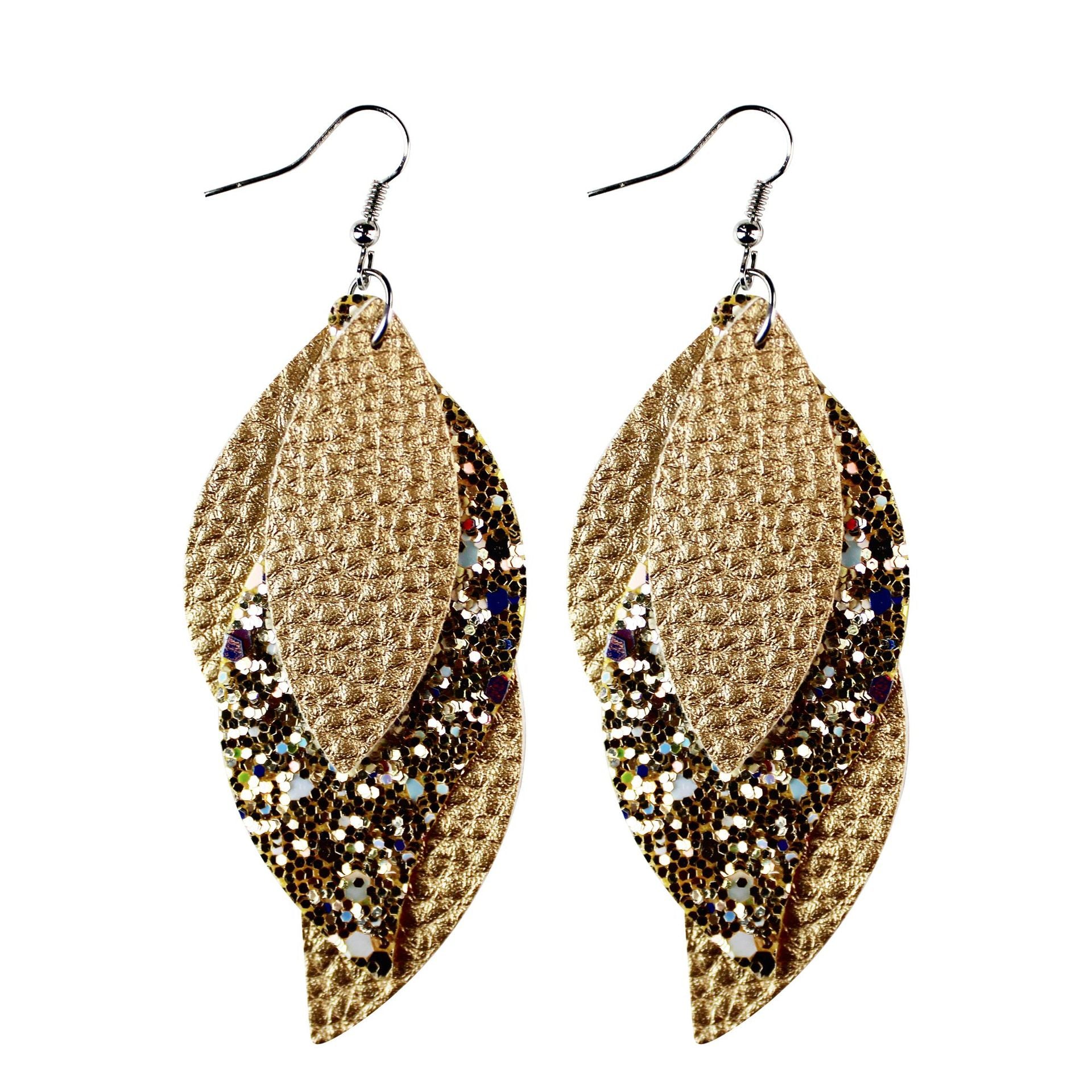 Wholesale Lychee Patterned Sequin Leaf Wave Shaped Three-layer Leather Earrings