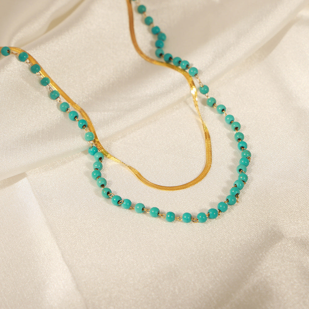 Wholesale Turquoise Beaded Double Layer Flat Snake Chain Titanium Steel Necklace