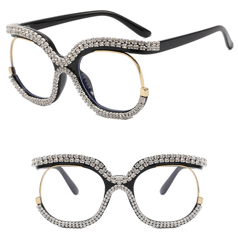 Wholesale Owl Large Frame Plain Mirror Double Row Diamond Frame Glasses