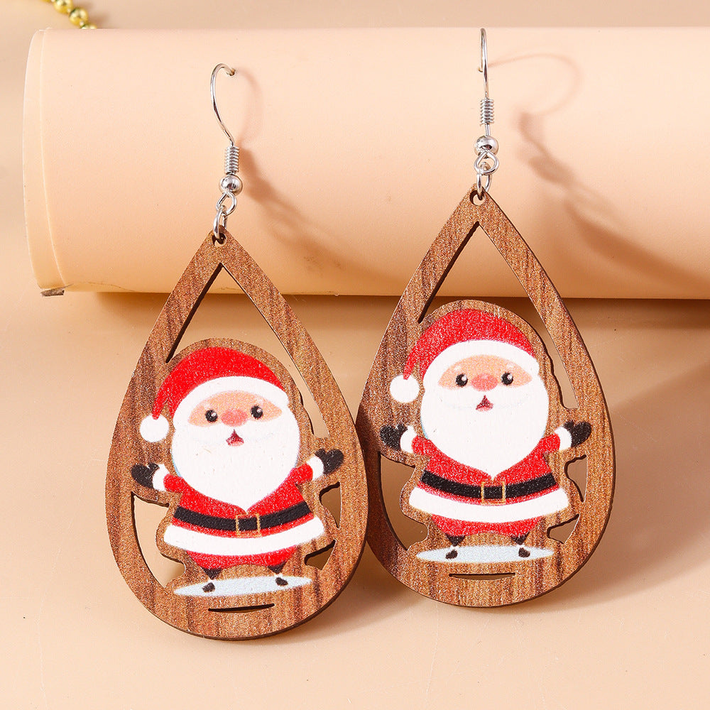 Wholesale Christmas Cartoon Santa Claus Drop Shape Wooden Earrings
