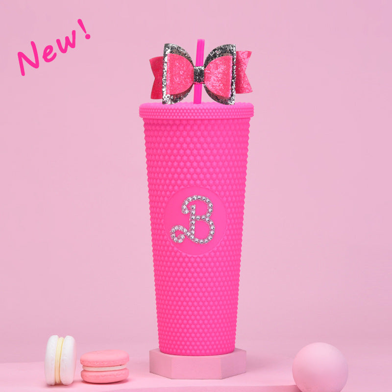 Wholesale Double-layer Plastic 710ml Large Capacity Straw Cup with Glitter Bow Tie Hand Cup Durian Cup