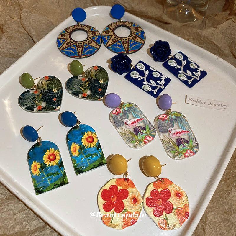 Wholesale Silver Needle French Oil Painting Sunflower Earrings