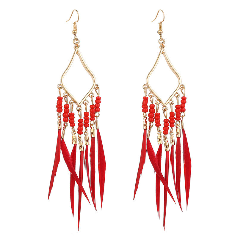 Wholesale Bohemian Slim Feather Tassel Earrings