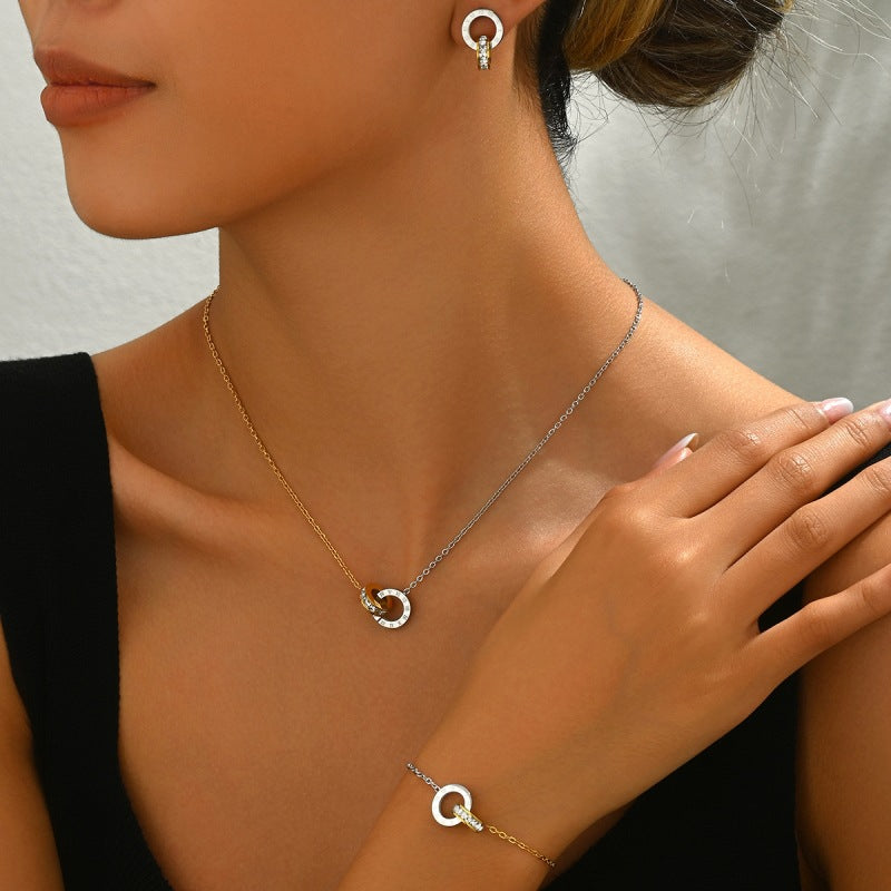 Wholesale Stainless steel gold and silver two tone circular single row rhinestone necklace  bracelet  and earrings