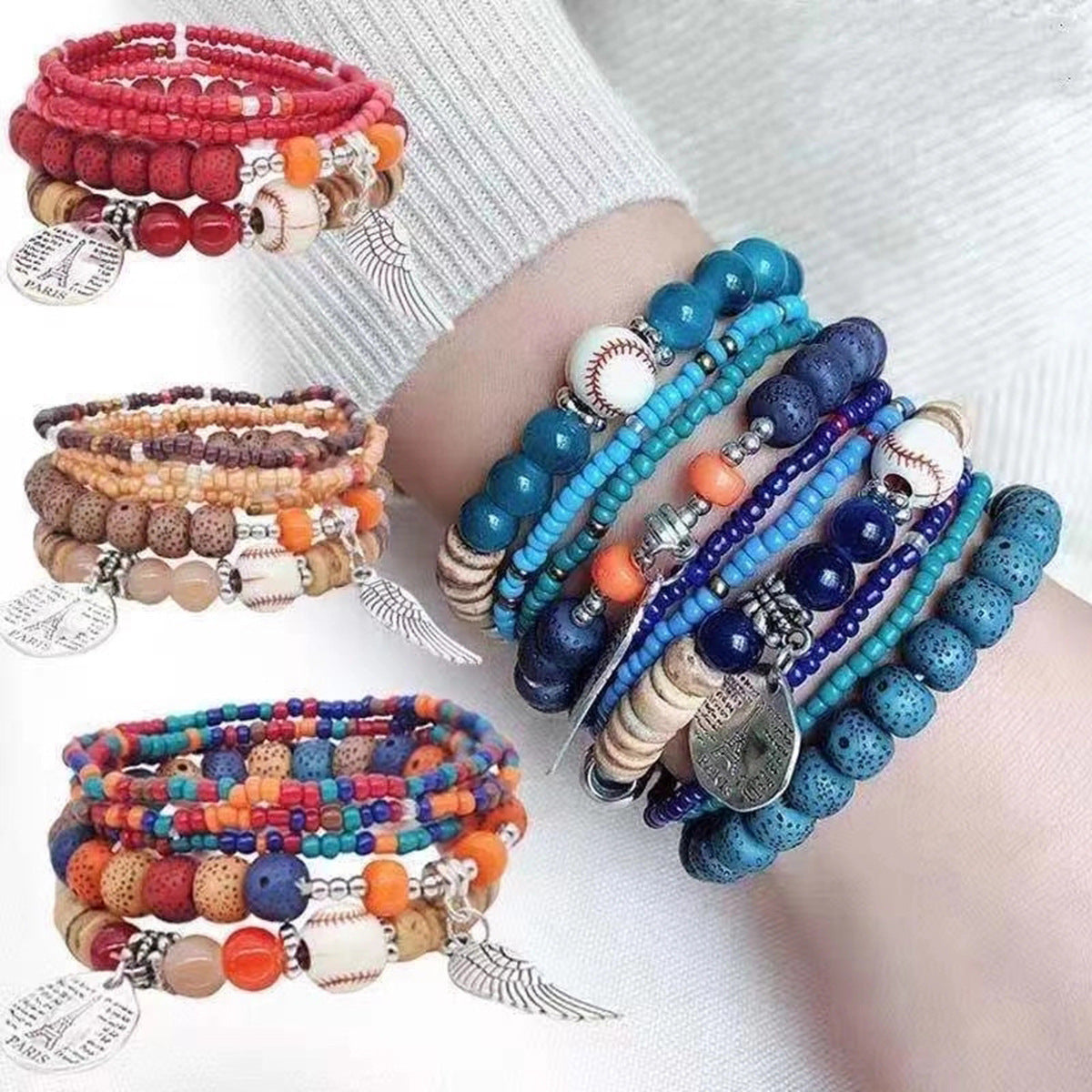Wholesale Bohemian Ethnic Style Angel Wings Letter Alloy Pendant Beaded Bracelet Five-piece Set