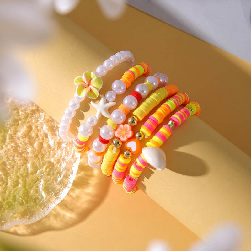 Wholesale College Style Colored Soft Clay Ocean Elements Five-petal Flower Shell Pendant Pearl Bracelet 6-piece Set