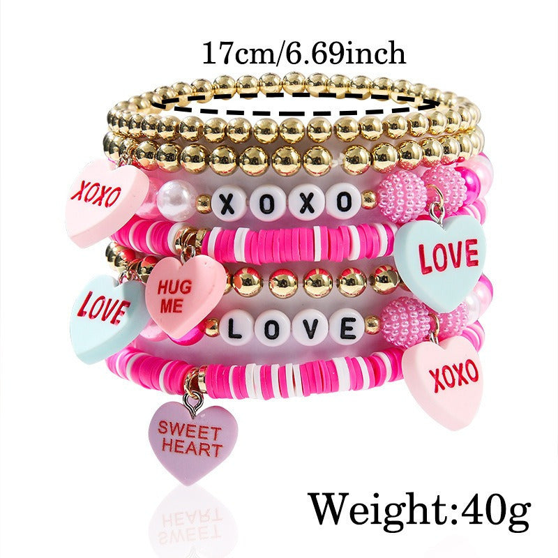 Wholesale  Valentine' s Day Love Tab Soft y Letter Beaded Pink Clay Bead Bracelet
