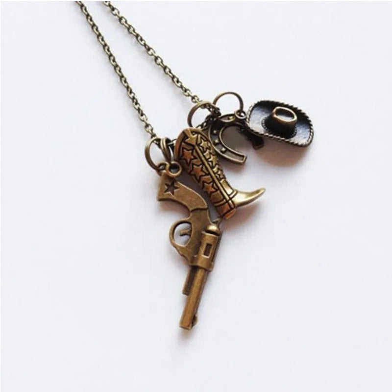 Wholesale Vintage silver bronze cowboy hat boots gun horseshoe necklace