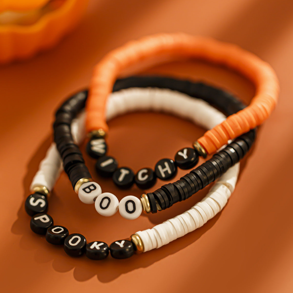 Wholesale Halloween Soft Clay Elastic Dark Style Pumpkin Head Letter Bracelet
