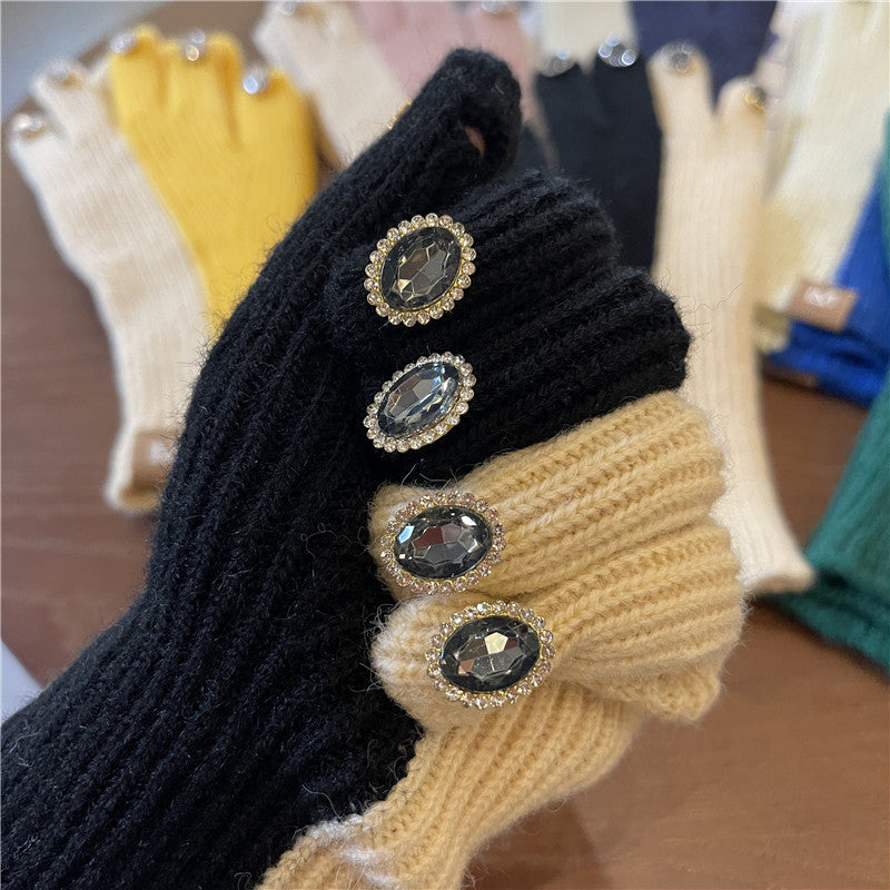 Wholesale Design Color Block Knitted Rhinestone Warm Gloves