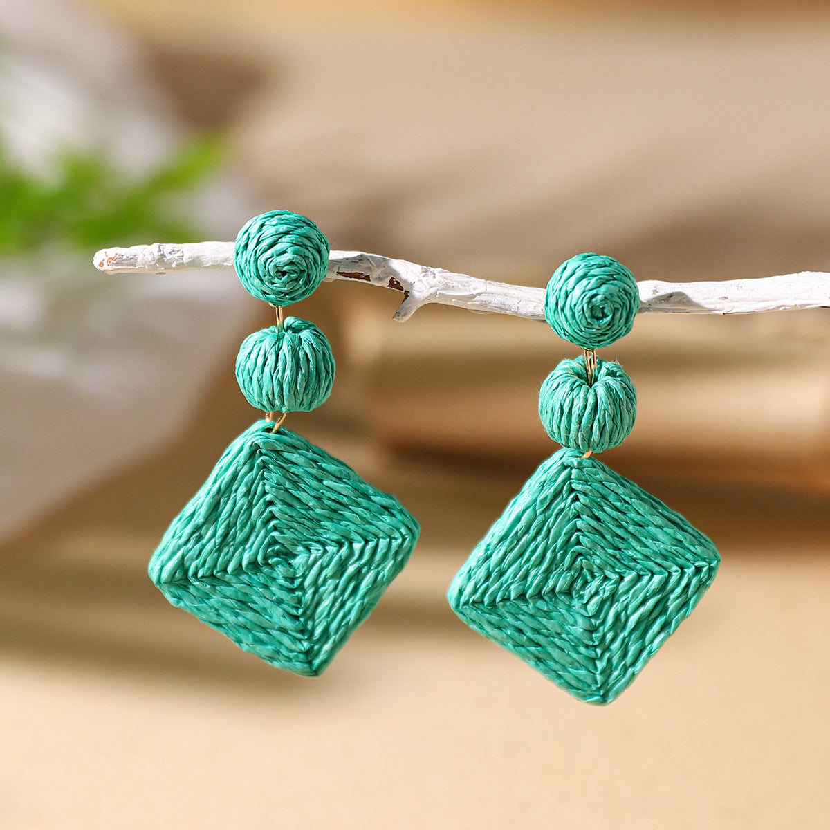 Wholesale Bohemian Diamond Shaped Rattan Braided Earrings