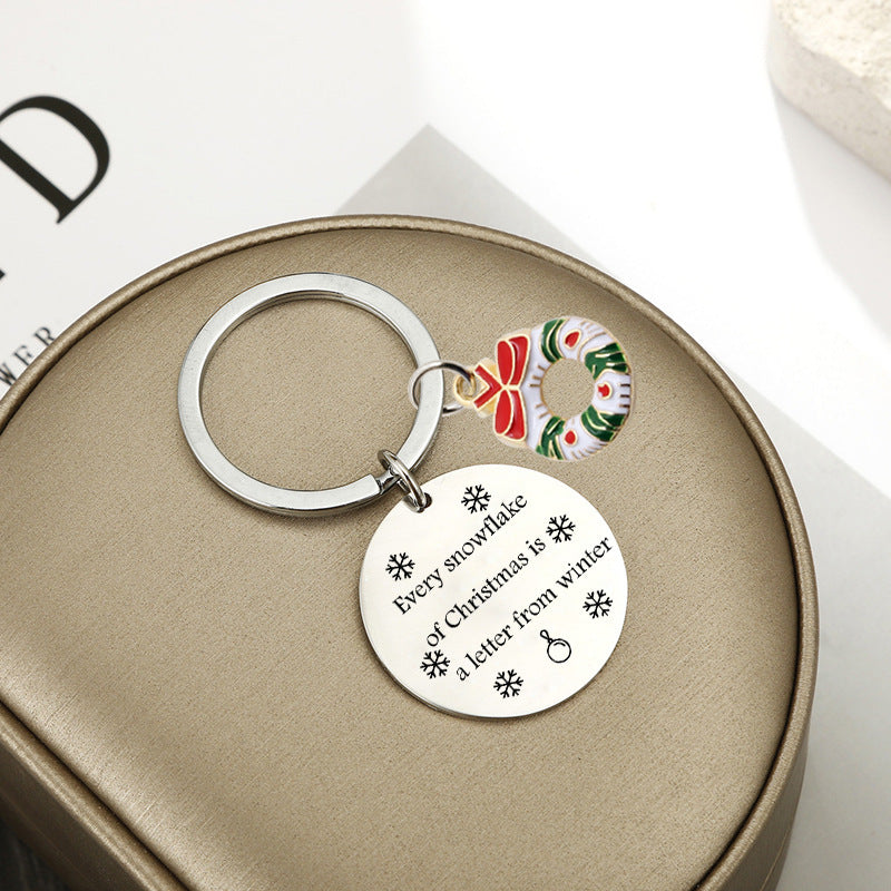 Wholesale Christmas Medallion Snowflake Pattern Engraved Stainless Steel Keychain