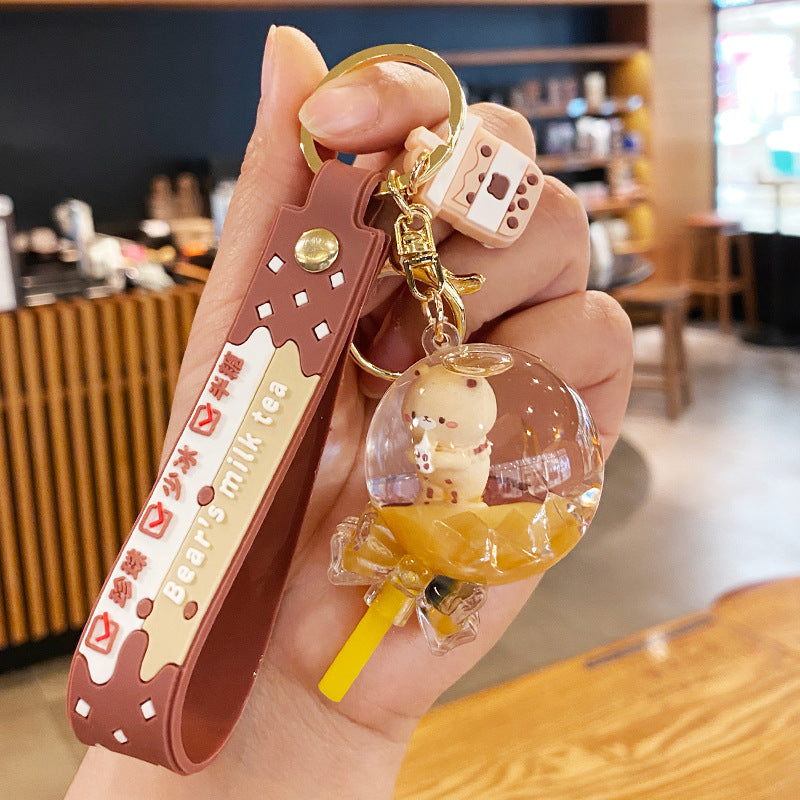 Wholesale Milk tea bear quicksand keychain exquisite cute schoolbag pendant