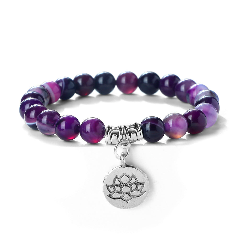 Wholesale 8mm Round Beads Beaded Elastic with Three-Way Alloy Lotus Pendant Buddhist Beads Bracelet