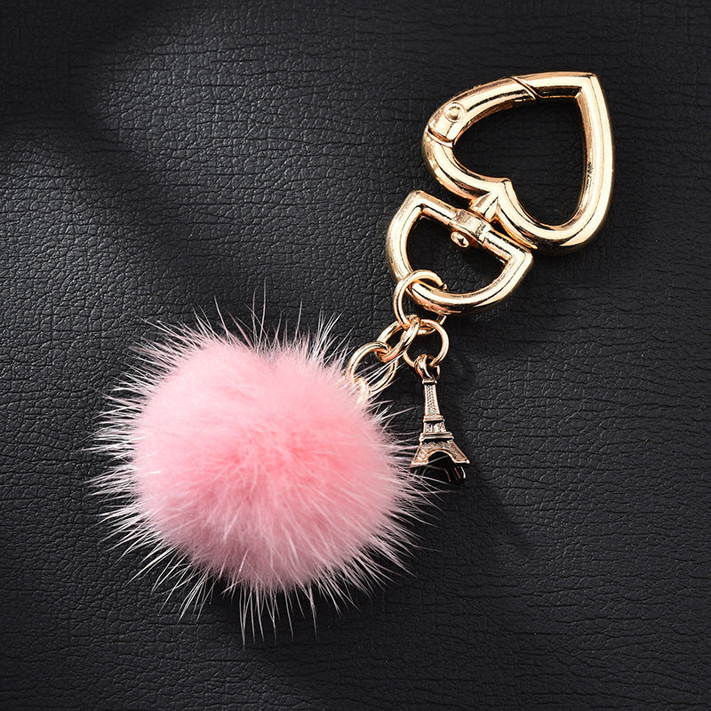 Wholesale mink fur love keychain elegant fur small pendant fur ball alloy love keychain