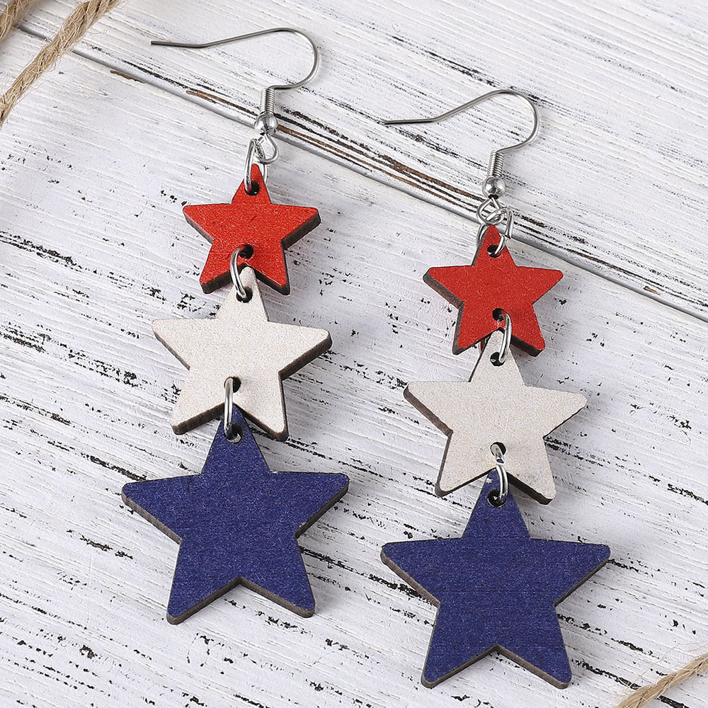 Wholesale Independence Day red White Blue Flag Color Love star wooden earrings