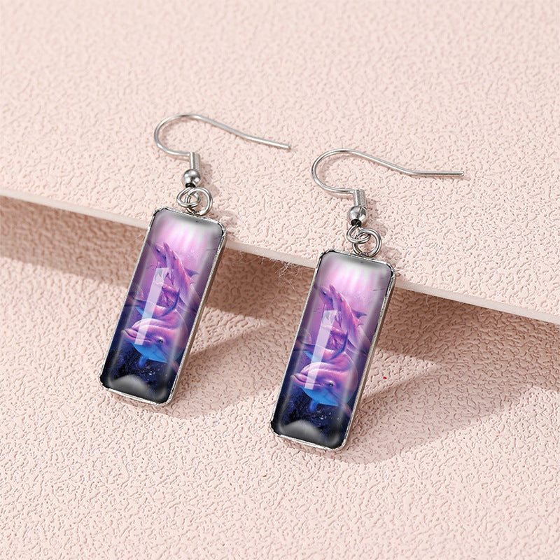 Wholesale Dolphin Time Gemstone Rectangular Glass Earrings