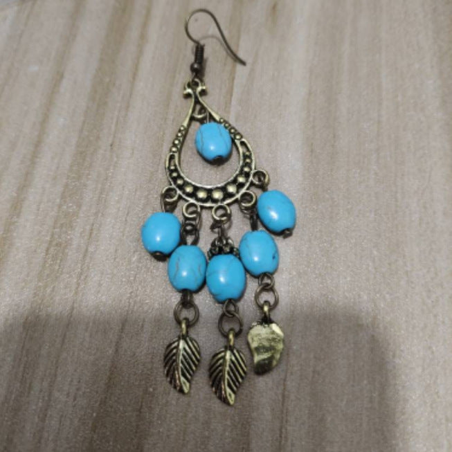 Wholesale Small leaf and twig tassel turquoise earrings