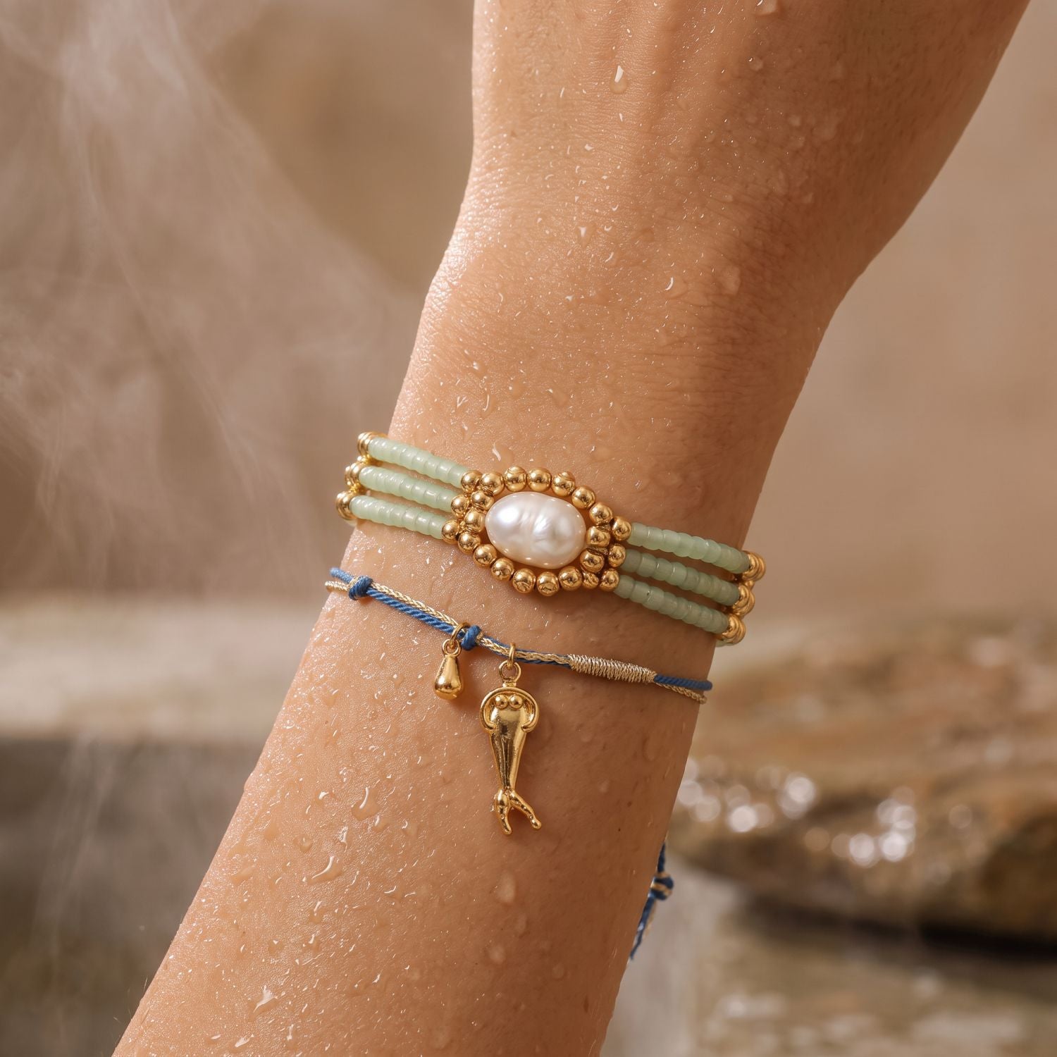 Wholesale Gold Plated Copper Rainbow Heart Cherry Pendant Pearl Layered Bracelet Set For Women Everyday Wear