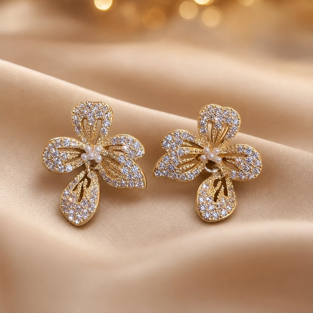 Wholesale Blue Enamel Flower Earrings For Women Pearl Accent Fashion Jewelry Accessory Party Casual Wear Resale